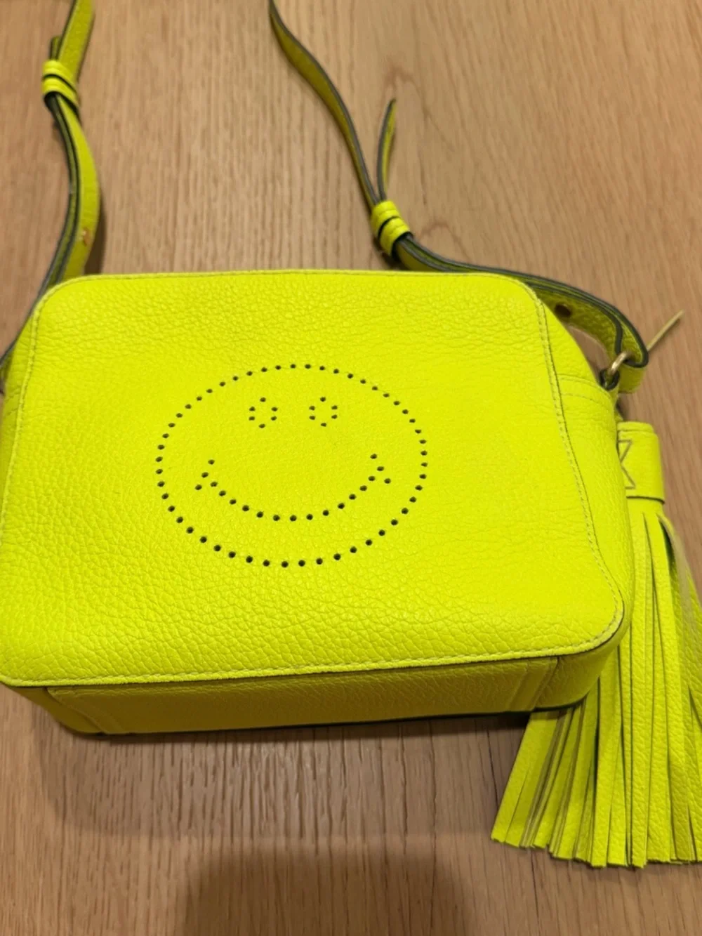 Anya Hindmarch Neon Yellow Perforated Smiley Leather Crossbody - Picture 3 of 11
